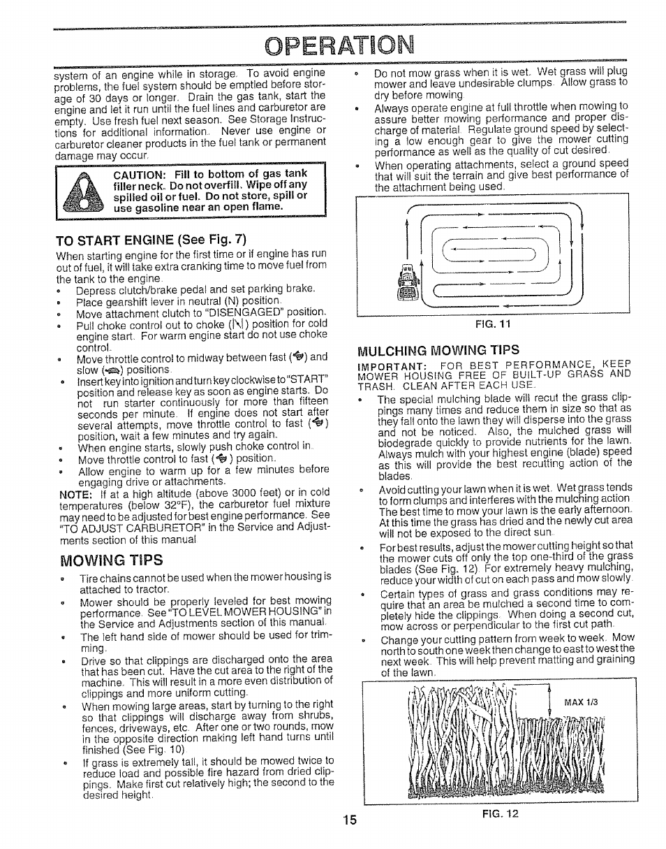 To start engine (see fig. 7), Mulching mowing tips, Operation | Mowing tips | Sears 917.25148 User Manual | Page 15 / 64