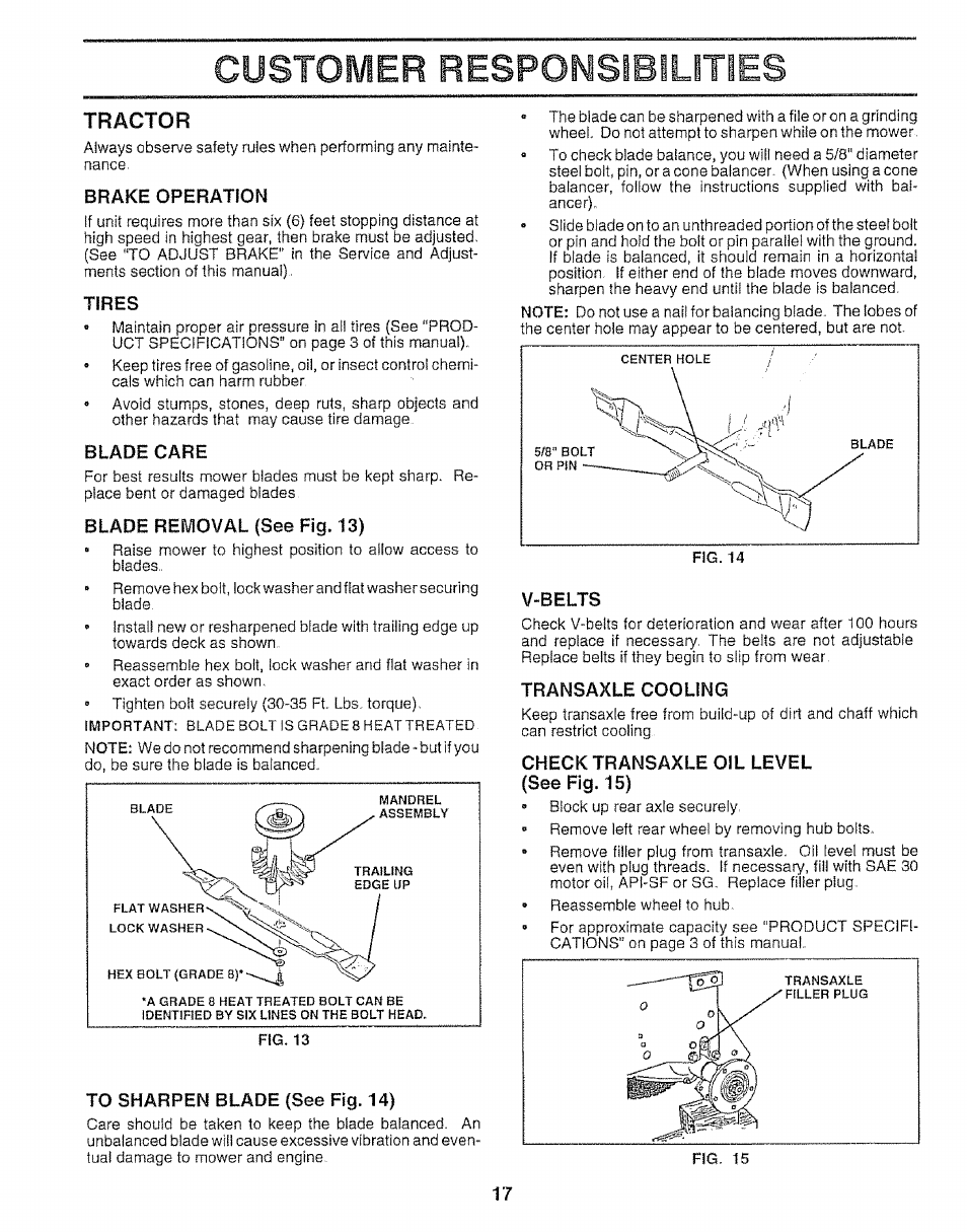 Tractor, Brake operation, Tires | Blade care, Blade removal (see fig. 13), V“belts, Transaxle cooling, Check transaxle oil level (see fig. 15), To sharpen blade (see fig. 14), Customer responsibilities | Sears 917.25148 User Manual | Page 17 / 64