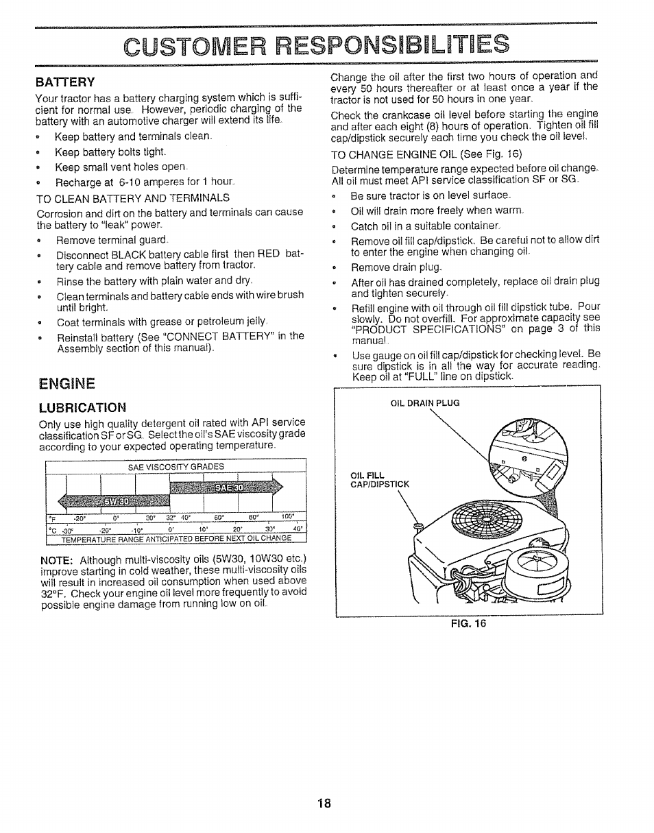 Battery, Lubrication, Customer responsibilities | Engine | Sears 917.25148 User Manual | Page 18 / 64