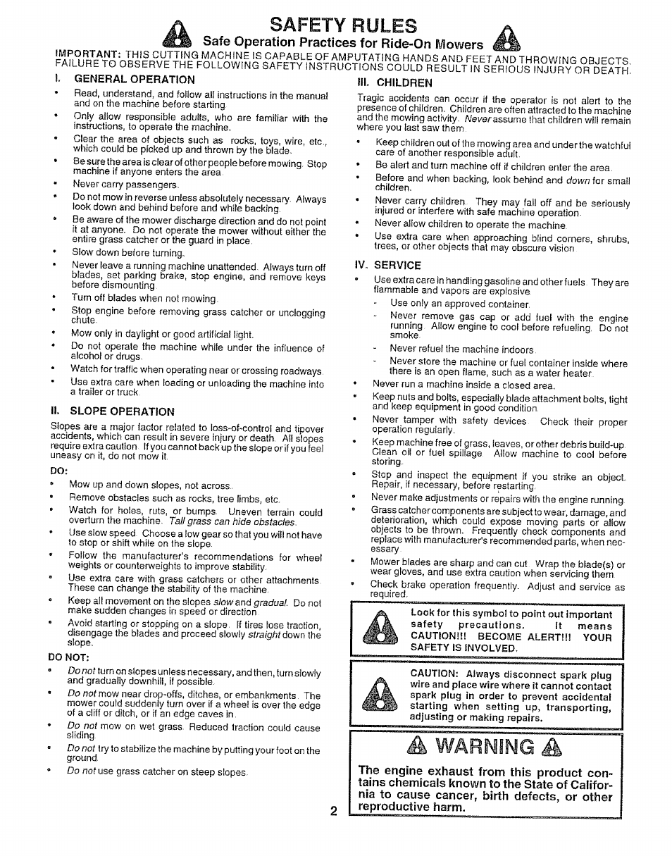 A warning, Safety rules, Safe operation practices for ride-on mowers | Sears 917.25148 User Manual | Page 2 / 64