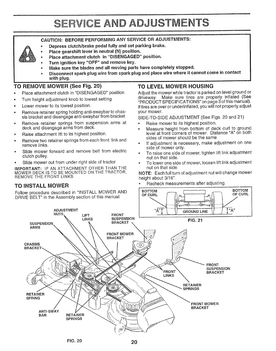 To remove mower (see fig, 20), To level mower housing, Service and adjustments | Sears 917.25148 User Manual | Page 20 / 64