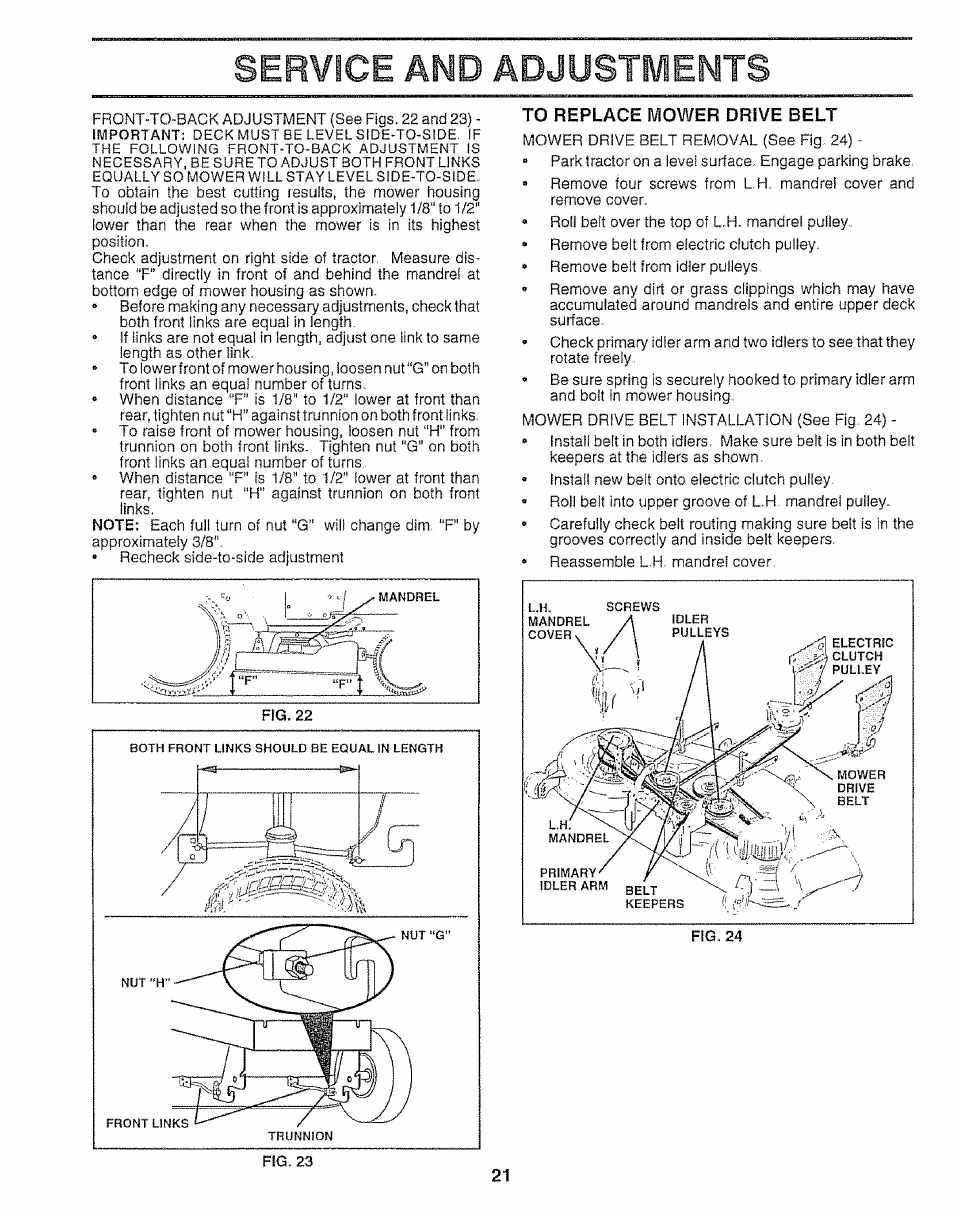 To replace mower drive belt, Service and adjustments | Sears 917.25148 User Manual | Page 21 / 64