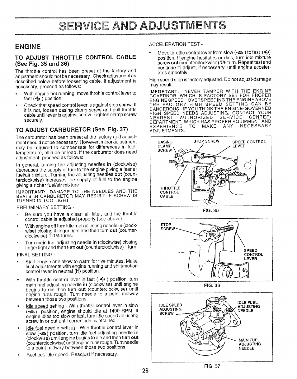 To adjust carburetor (see fig. 37), Service and adjustments, Engine | Sears 917.25148 User Manual | Page 26 / 64