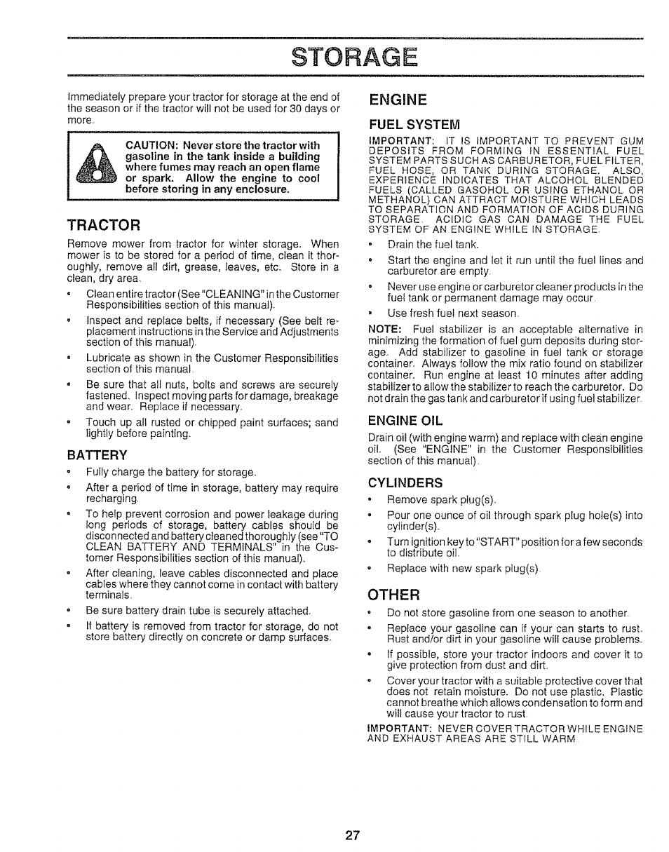 Battery, Fuel system, Engine oil | Cylinders, Storage, Tractor, Engine, Other | Sears 917.25148 User Manual | Page 27 / 64