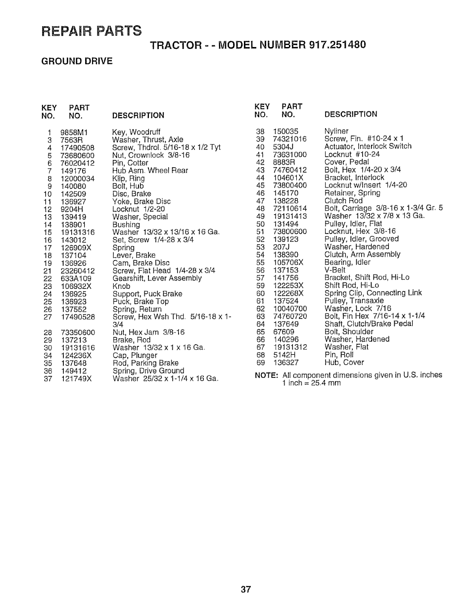 Ground drive, Repair parts | Sears 917.25148 User Manual | Page 37 / 64