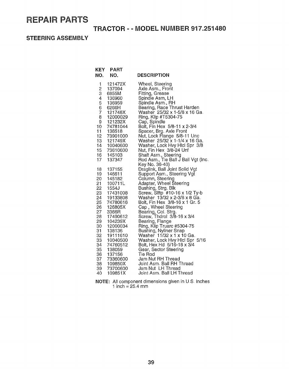 Steering assembly, Repair parts | Sears 917.25148 User Manual | Page 39 / 64