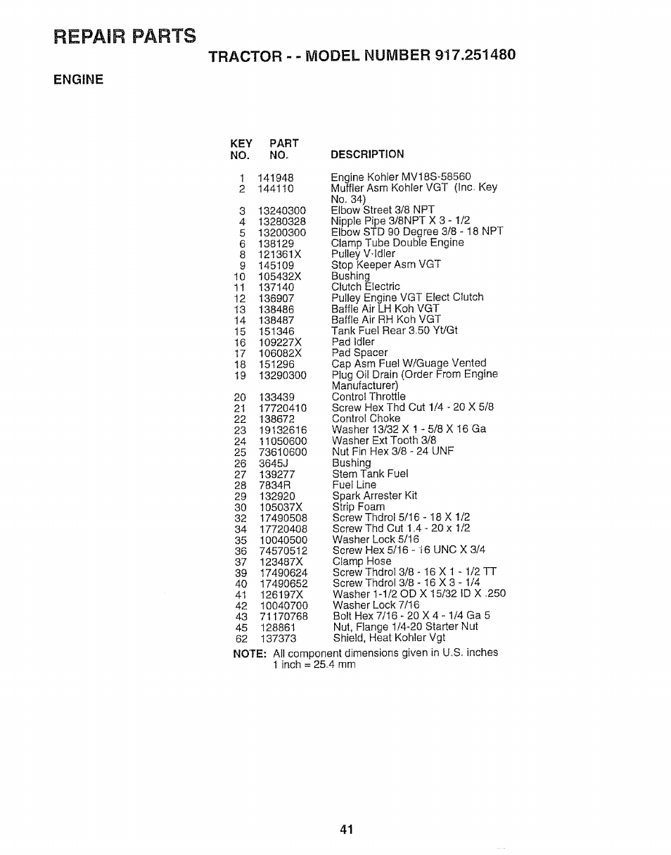Engine, Repair parts | Sears 917.25148 User Manual | Page 41 / 64