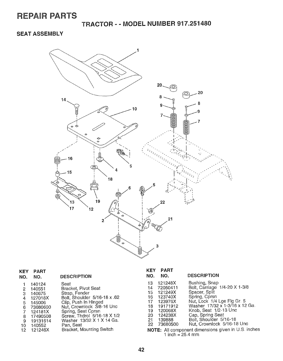 Seat assembly, Repair parts | Sears 917.25148 User Manual | Page 42 / 64