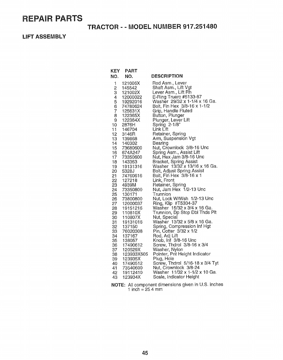 Lift assembly, Repair parts | Sears 917.25148 User Manual | Page 45 / 64