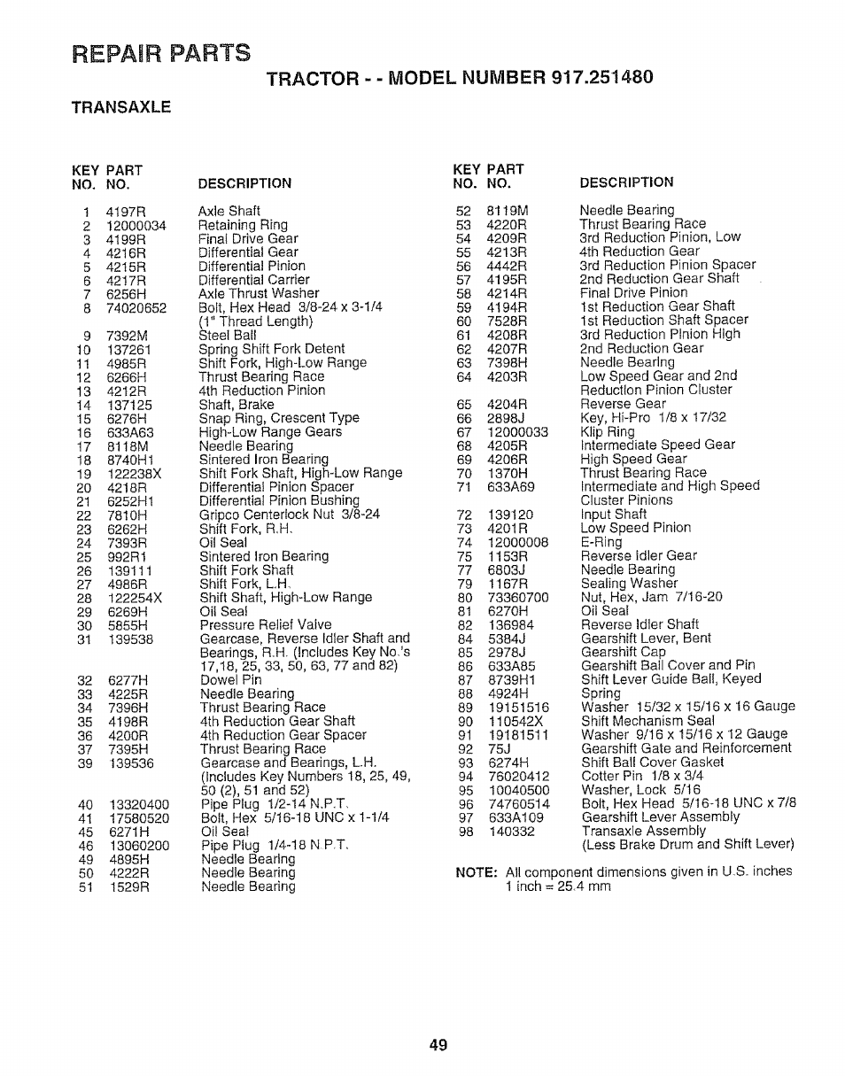 Transaxle, Repair parts | Sears 917.25148 User Manual | Page 49 / 64