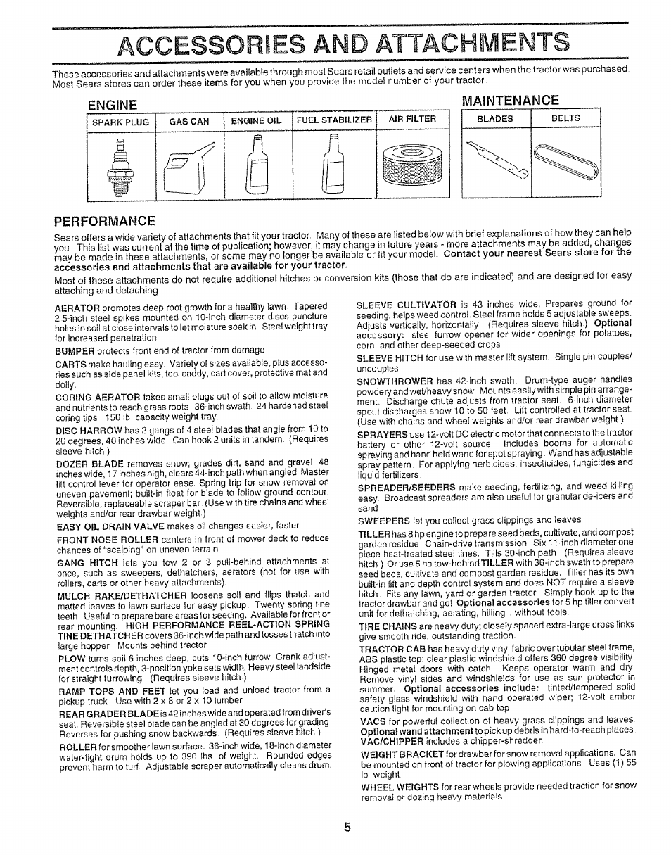 Engine, Maintenance, Performance | Accessories and attachments, Engine maintenance | Sears 917.25148 User Manual | Page 5 / 64