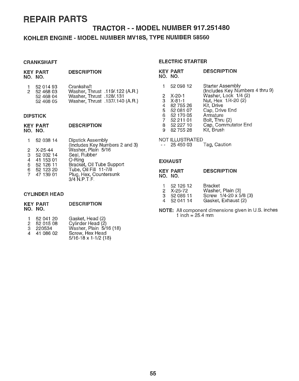 Repair parts | Sears 917.25148 User Manual | Page 55 / 64