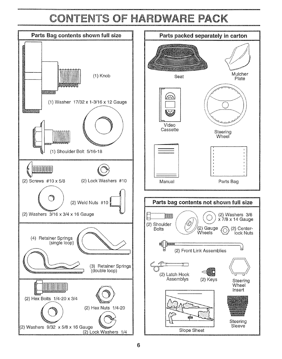 Contents of hardware pack, Parts bag contents shown full size, Parts packed separately in carton | Parts bag contents not shown full size | Sears 917.25148 User Manual | Page 6 / 64