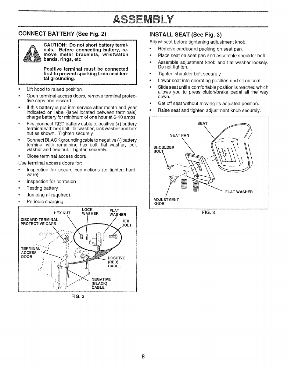 Connect battery {see fig. 2), Install seat (see fig. 3), Assembly | Sears 917.25148 User Manual | Page 8 / 64
