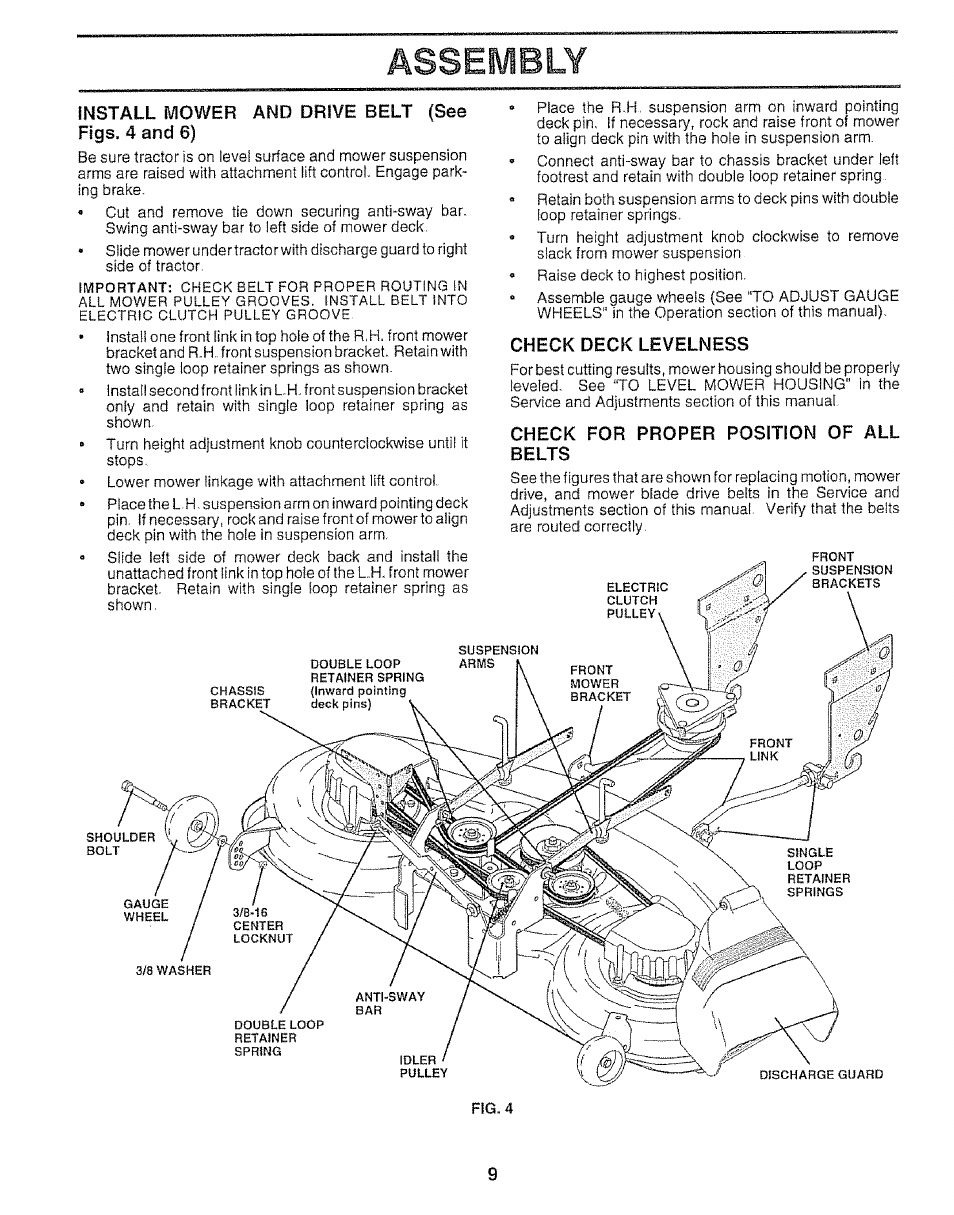 Install mower and drive belt (see figs. 4 and 6), Check deck levelness, Check for proper position of all belts | Assembly | Sears 917.25148 User Manual | Page 9 / 64