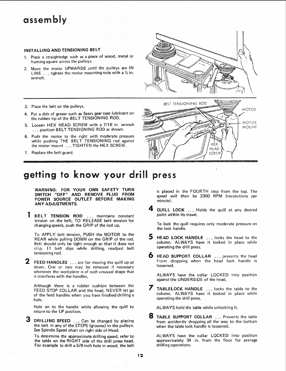 Getting to know your drill press, Assembly | Sears 113.24611 User Manual | Page 12 / 24