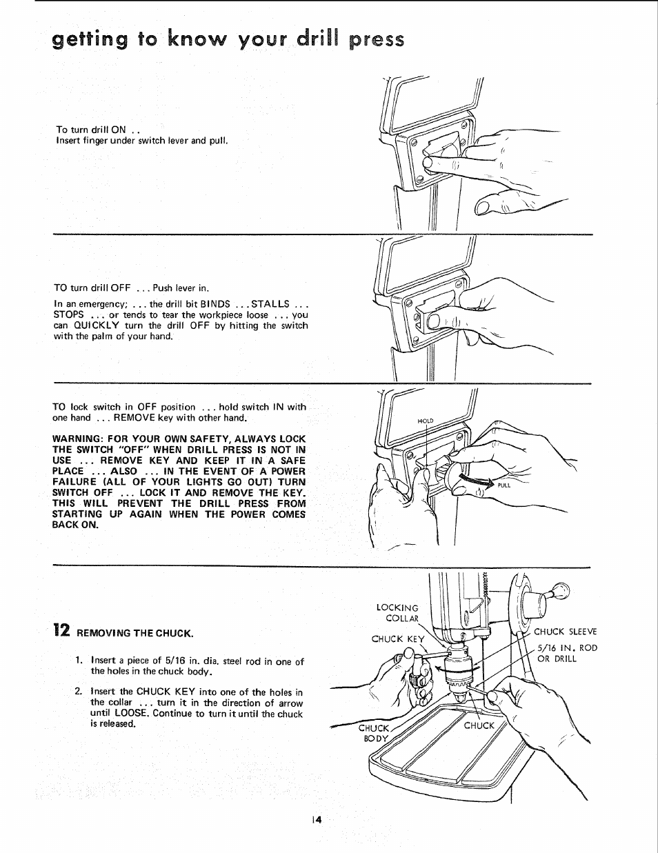 Getting to know your drill press | Sears 113.24611 User Manual | Page 14 / 24