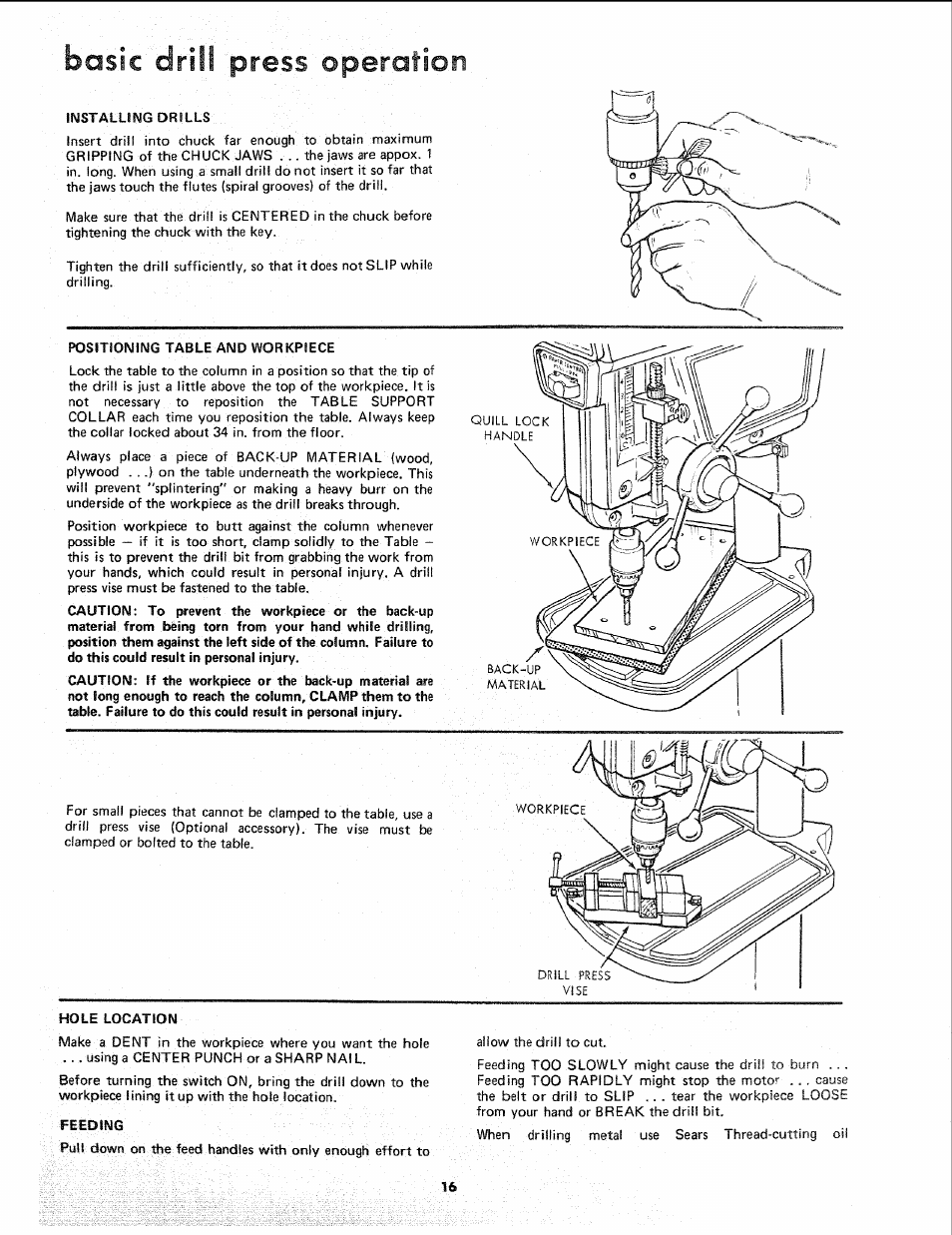 Basic drill press operation, Motor, Loose | Sears 113.24611 User Manual | Page 16 / 24