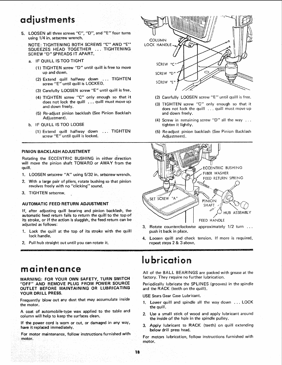 Adjustments, Maintenance, Lubrication | Sears 113.24611 User Manual | Page 18 / 24