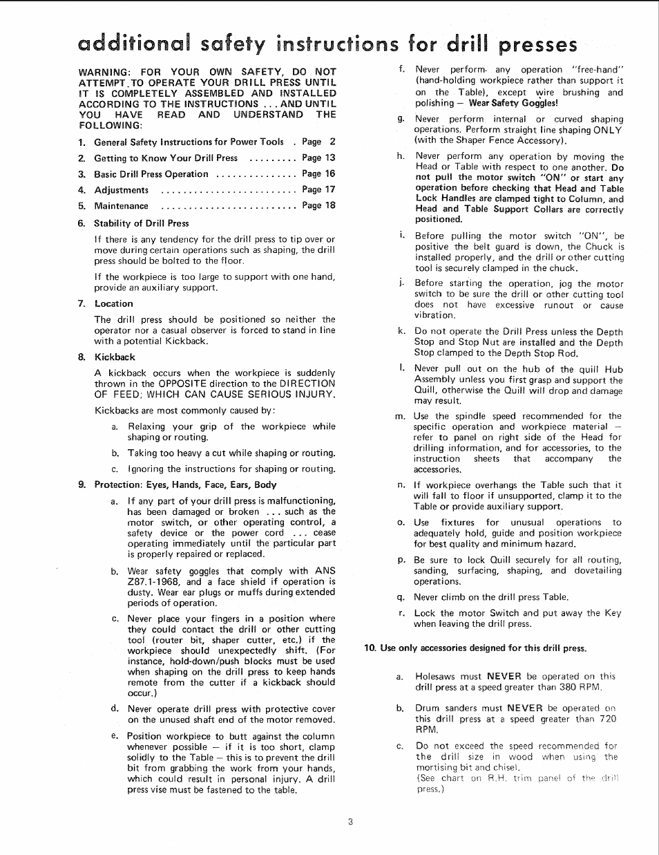 Additional safety instructions for drill presses, Motor, Is down | Drill, Other cutting, Quill, Position, Operated, Sanders, Be operated on | Sears 113.24611 User Manual | Page 3 / 24