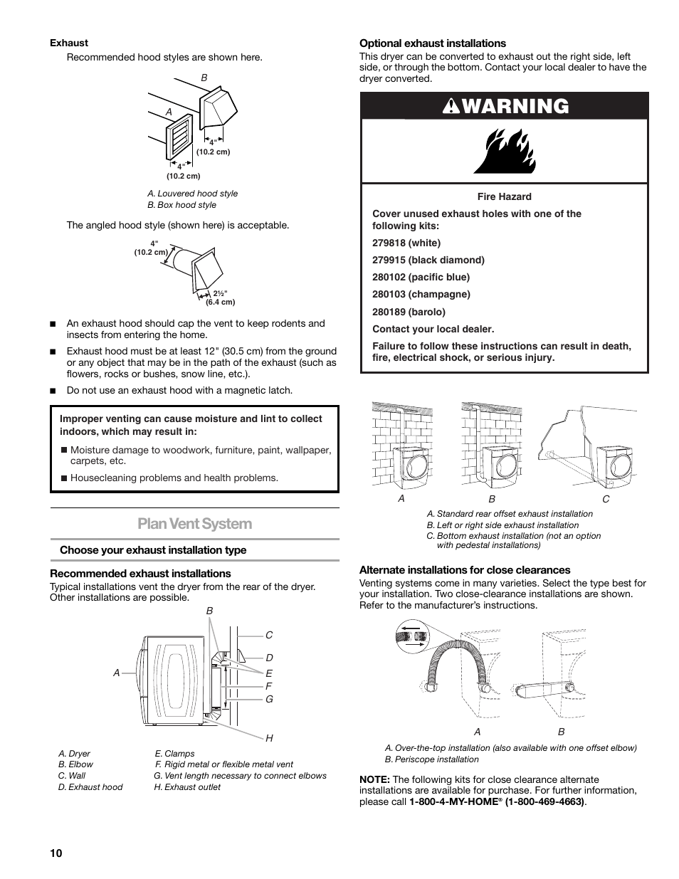 Warning, Plan vent system | Sears 9709 User Manual | Page 10 / 52