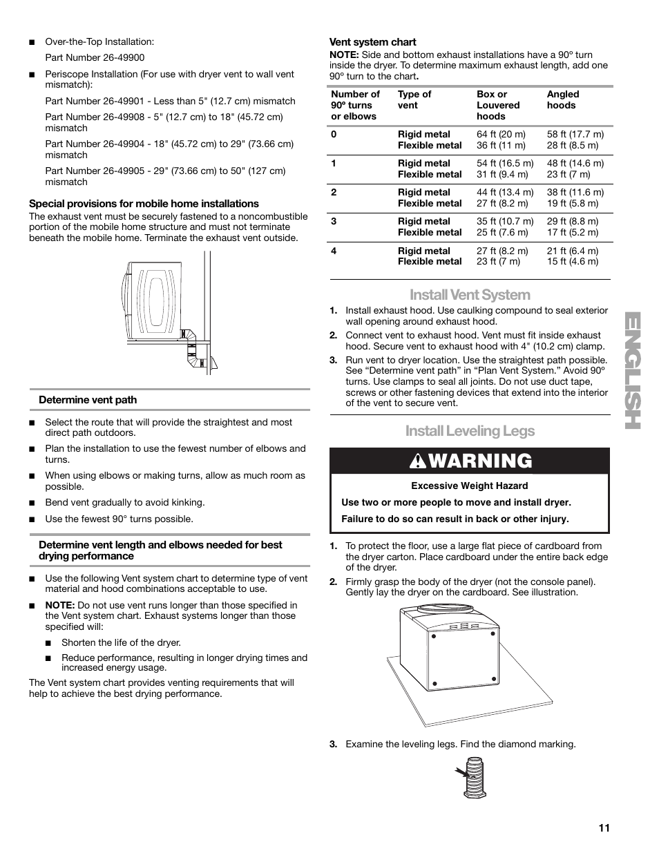Warning, Install vent system, Install leveling legs | Sears 9709 User Manual | Page 11 / 52