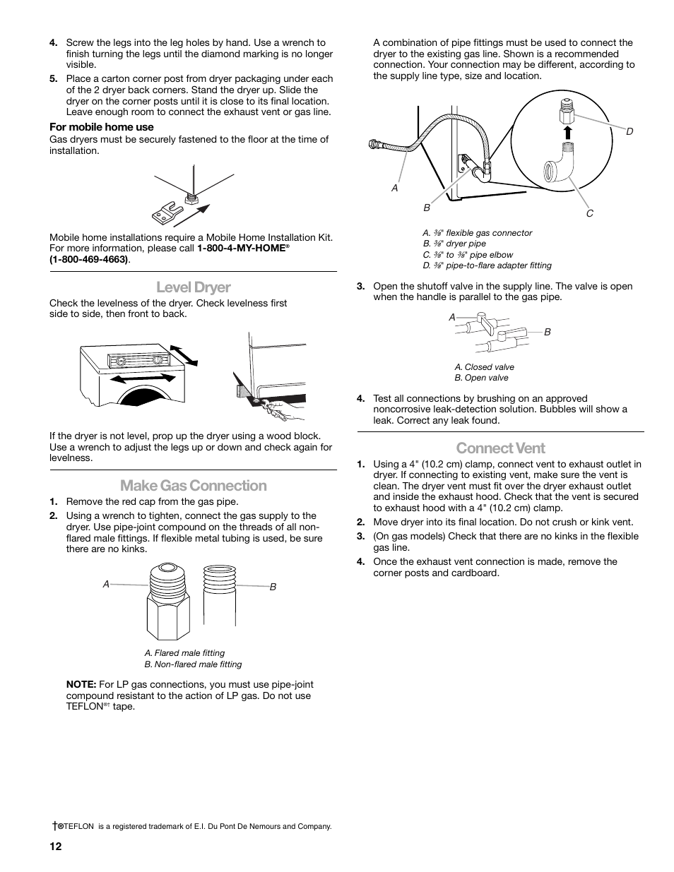 Level dryer, Make gas connection, Connect vent | Sears 9709 User Manual | Page 12 / 52