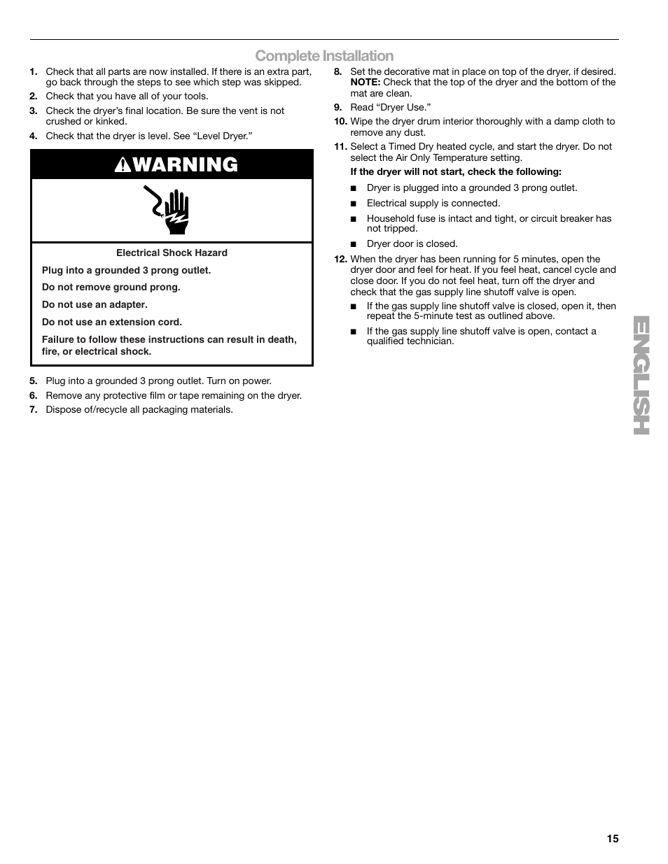 Warning, Complete installation | Sears 9709 User Manual | Page 15 / 52