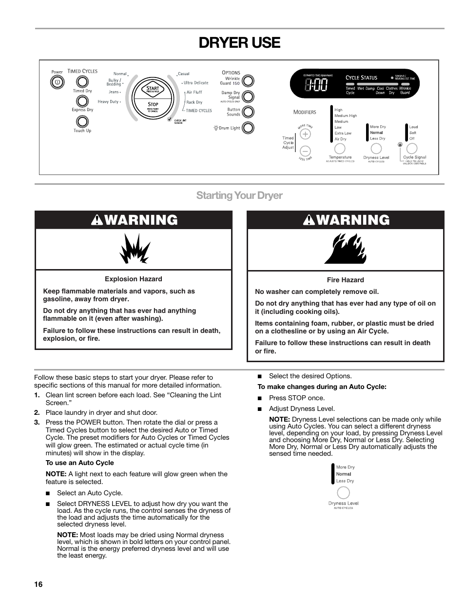 Dryer use, Warning, Starting your dryer | Sears 9709 User Manual | Page 16 / 52