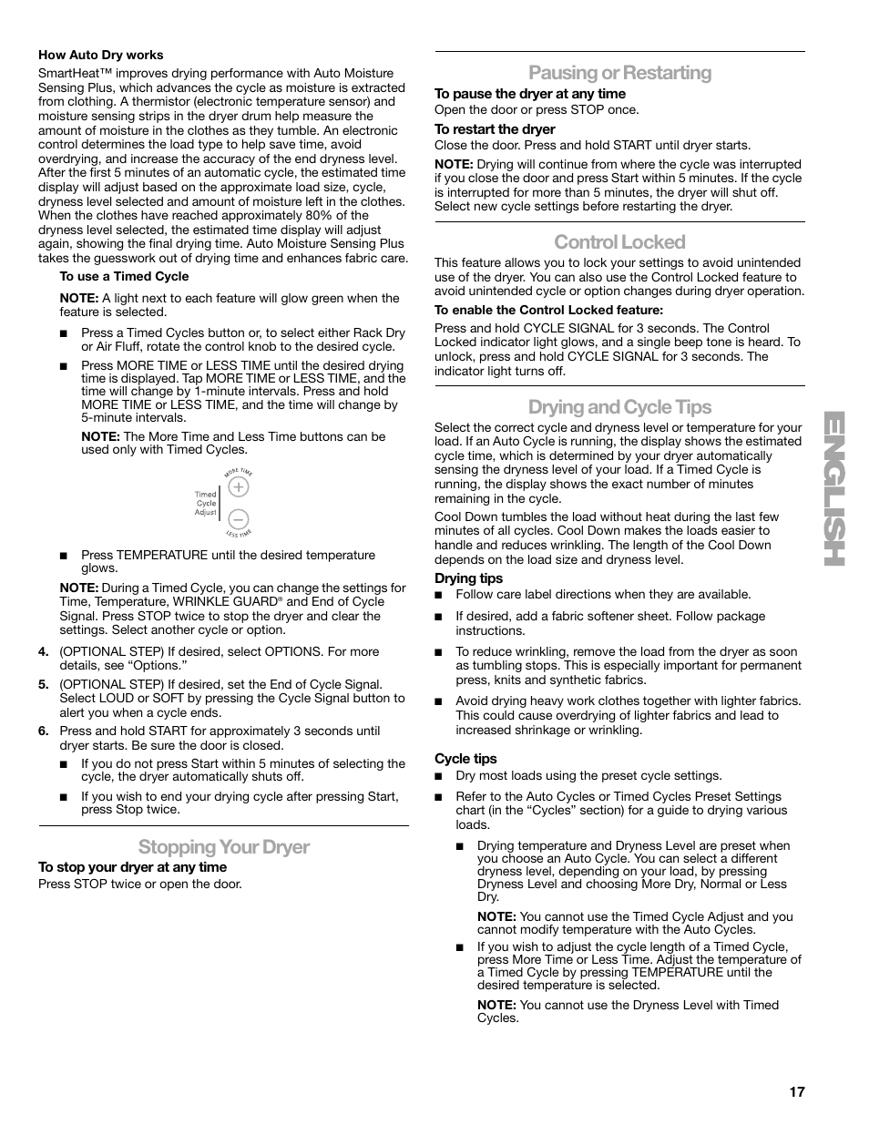 Stopping your dryer, Pausing or restarting, Control locked | Drying and cycle tips | Sears 9709 User Manual | Page 17 / 52