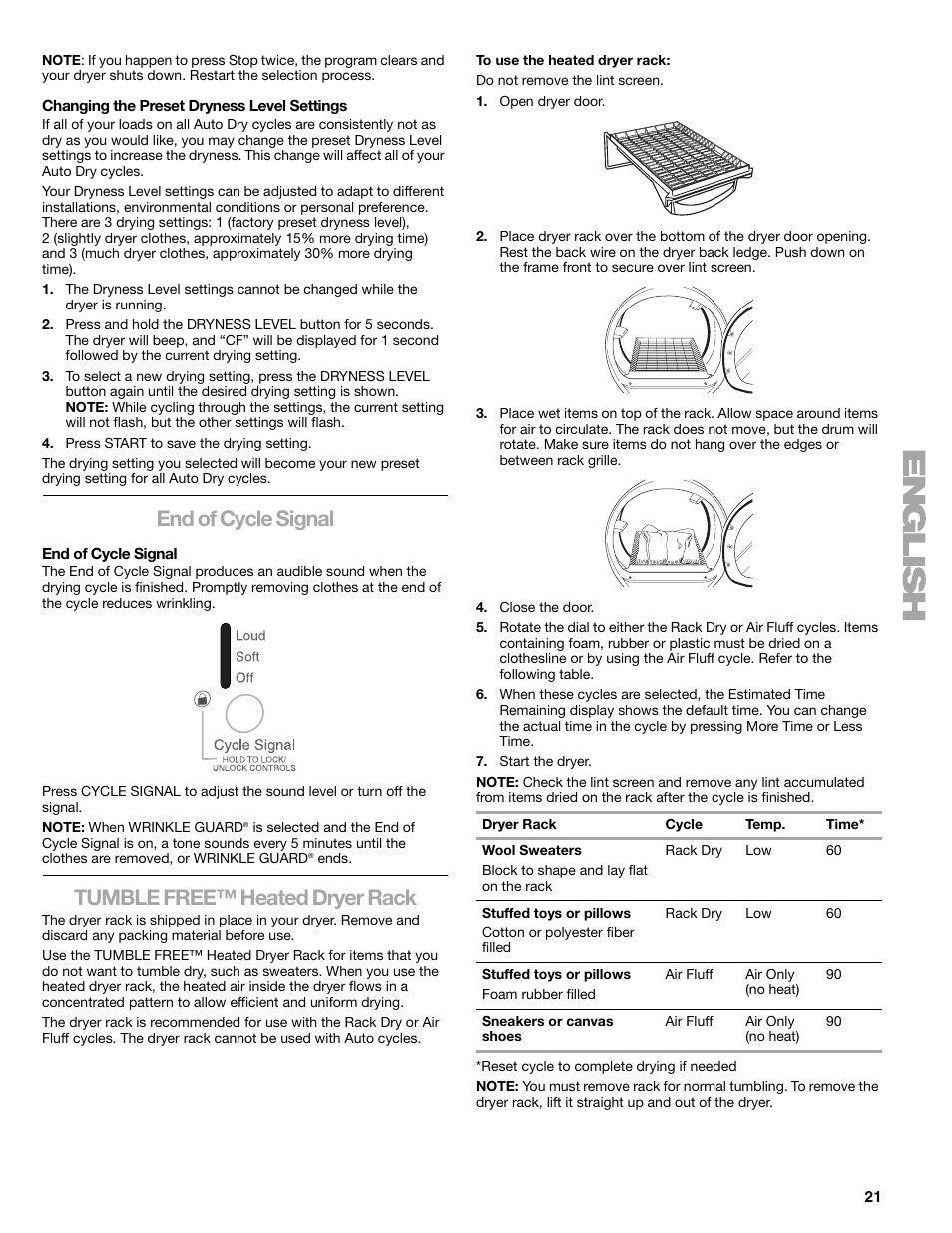 End of cycle signal, Tumble free™ heated dryer rack | Sears 9709 User Manual | Page 21 / 52