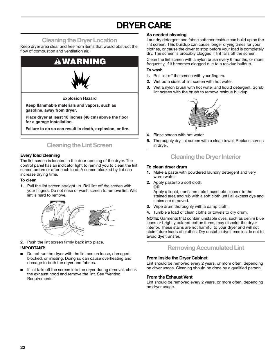 Dryer care, Warning, Cleaning the dryer location | Cleaning the lint screen, Cleaning the dryer interior, Removing accumulated lint | Sears 9709 User Manual | Page 22 / 52