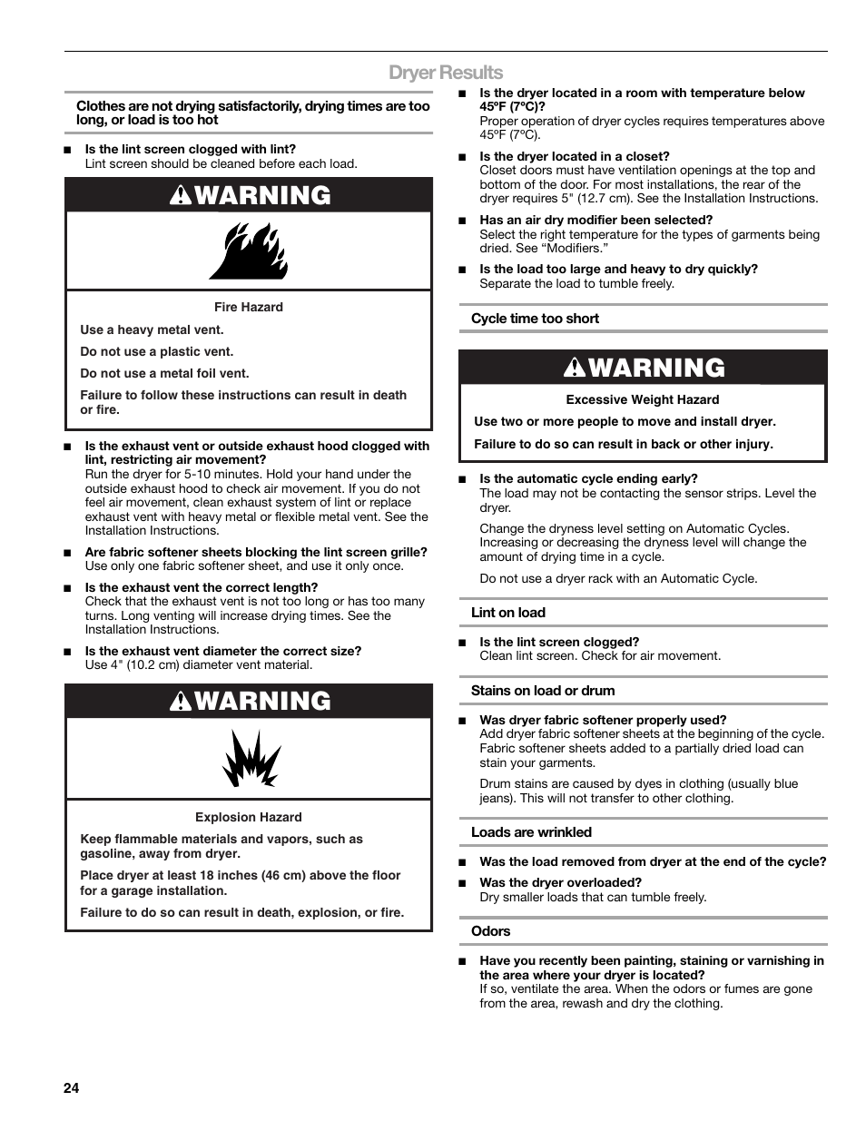 Warning, Dryer results | Sears 9709 User Manual | Page 24 / 52