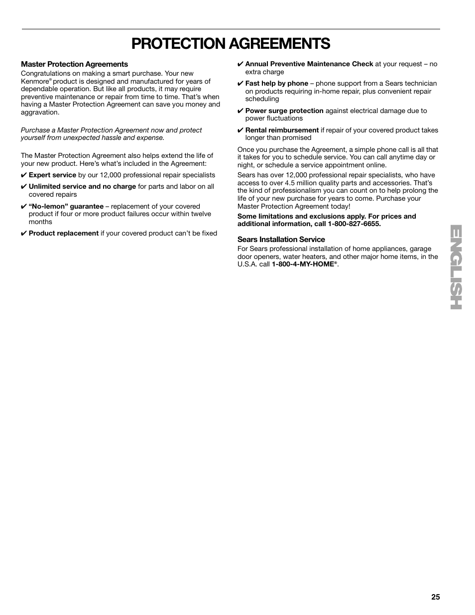 Protection agreements | Sears 9709 User Manual | Page 25 / 52