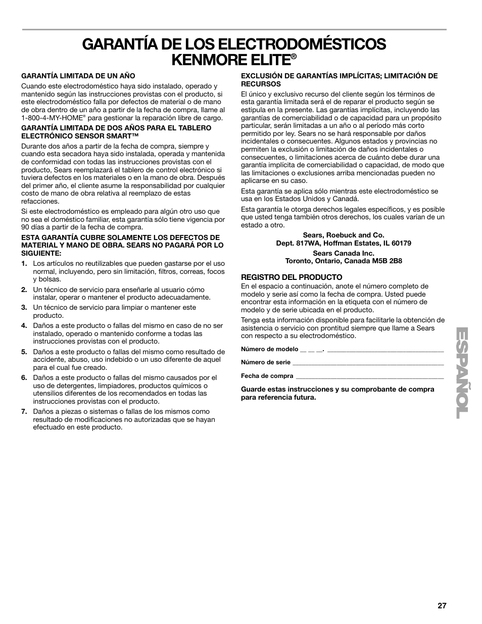 Garantía de los electrodomésticos kenmore elite | Sears 9709 User Manual | Page 27 / 52