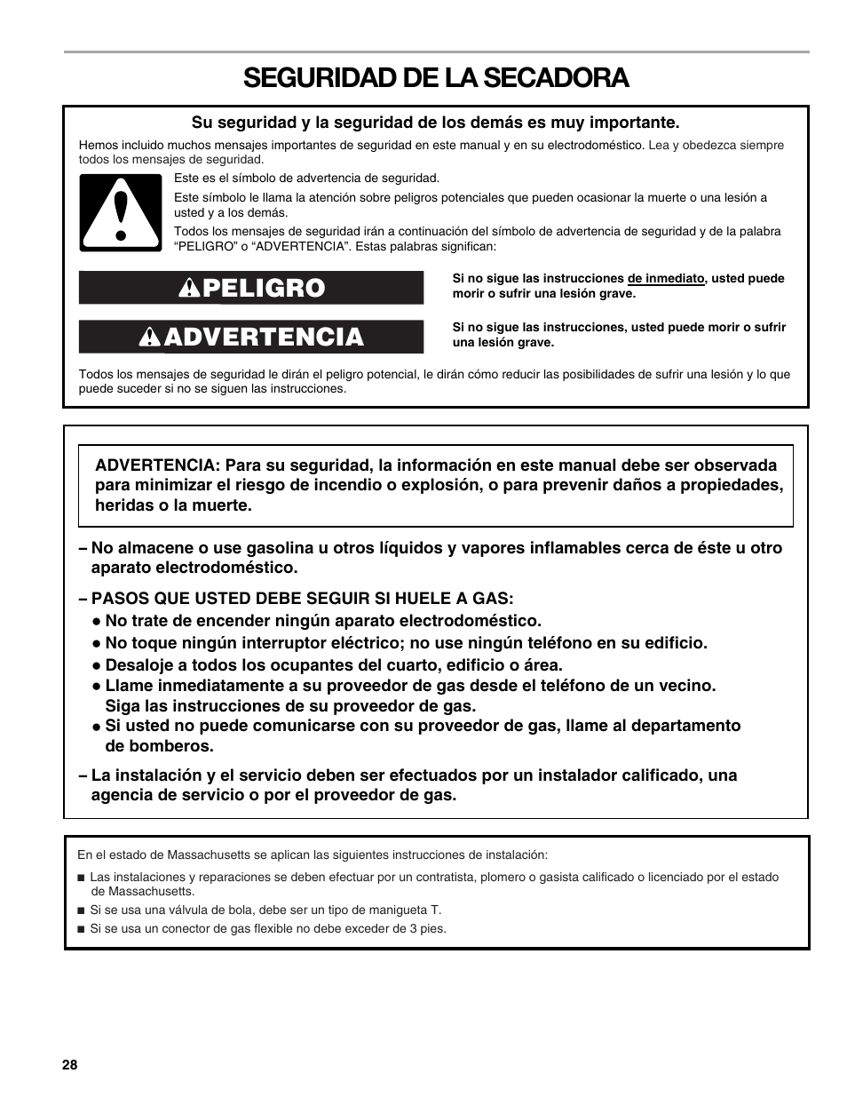 Seguridad de la secadora, Advertencia peligro | Sears 9709 User Manual | Page 28 / 52