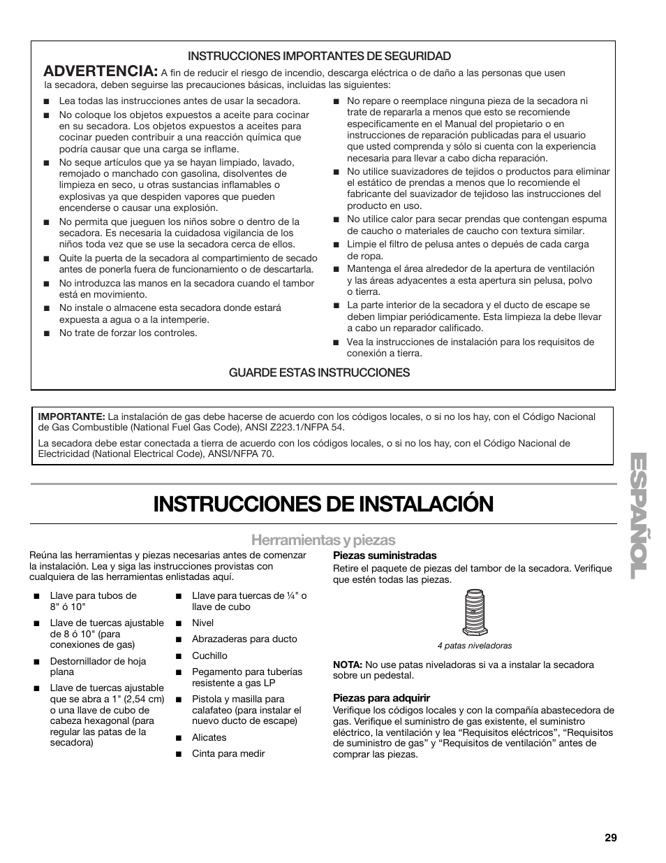 Instrucciones de instalación, Herramientas y piezas, Advertencia | Instrucciones importantes de seguridad, Guarde estas instrucciones | Sears 9709 User Manual | Page 29 / 52