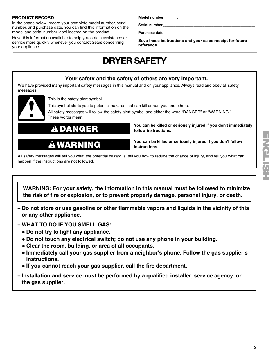 Dryer safety, Danger warning | Sears 9709 User Manual | Page 3 / 52
