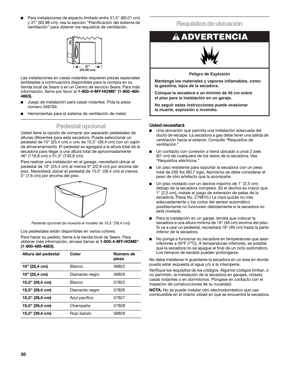 Advertencia, Pedestal opcional, Requisitos de ubicación | Sears 9709 User Manual | Page 30 / 52