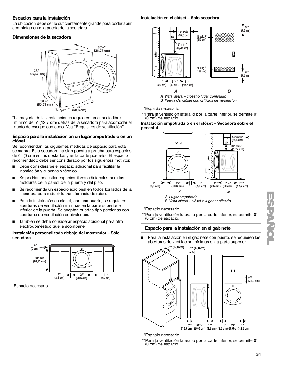 31 espacios para la instalación, Dimensiones de la secadora, Espacio para la instalación en el gabinete | Sears 9709 User Manual | Page 31 / 52