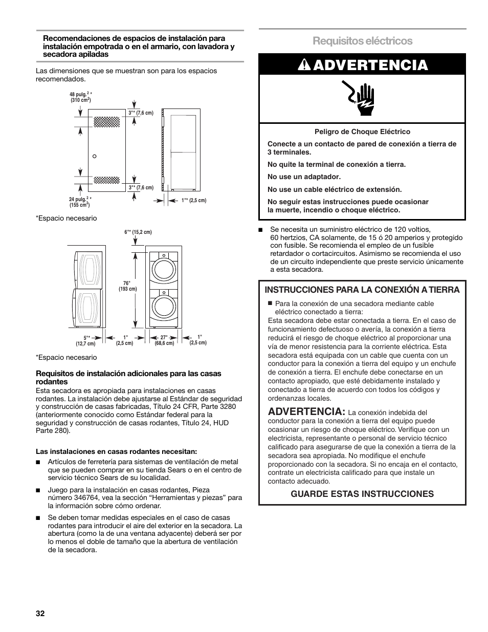 Advertencia, Requisitos eléctricos | Sears 9709 User Manual | Page 32 / 52