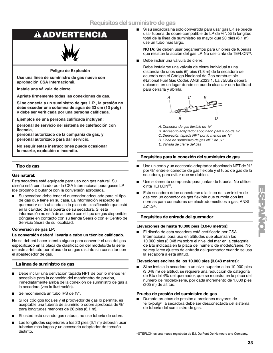 Advertencia, Requisitos del suministro de gas | Sears 9709 User Manual | Page 33 / 52