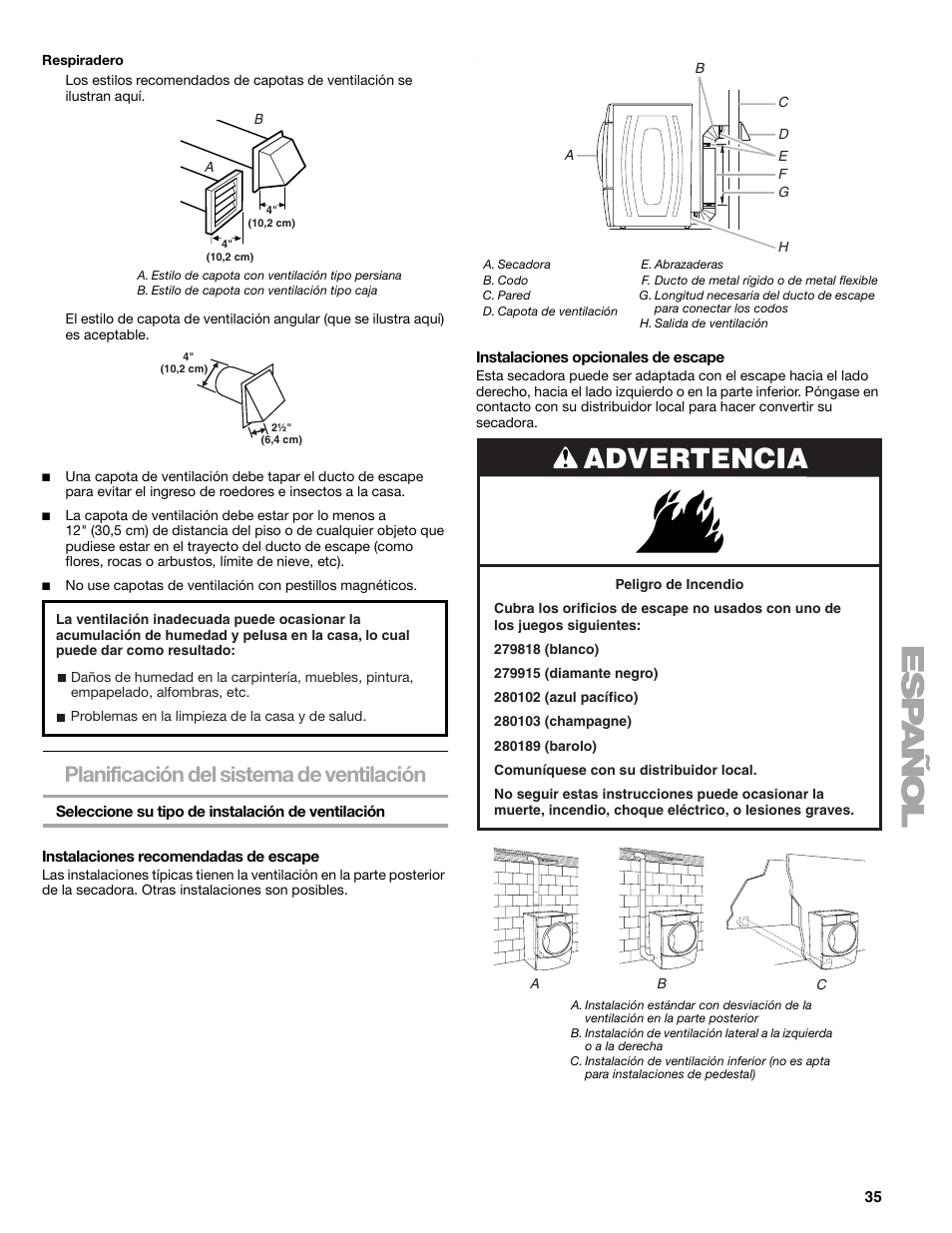 Advertencia, Planificación del sistema de ventilación | Sears 9709 User Manual | Page 35 / 52