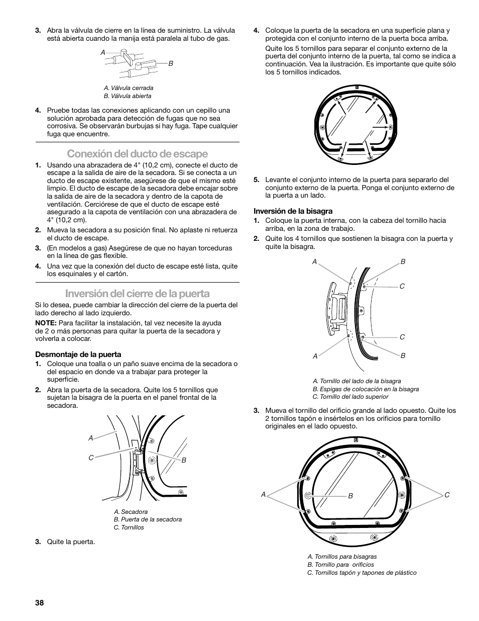 Conexión del ducto de escape, Inversión del cierre de la puerta | Sears 9709 User Manual | Page 38 / 52