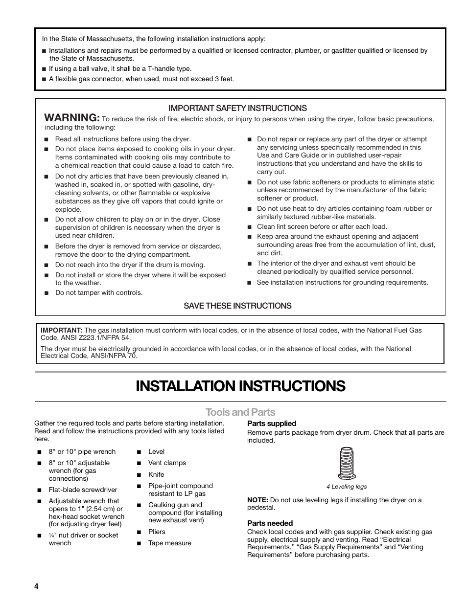 Installation instructions, Tools and parts, Warning | Important safety instructions, Save these instructions | Sears 9709 User Manual | Page 4 / 52