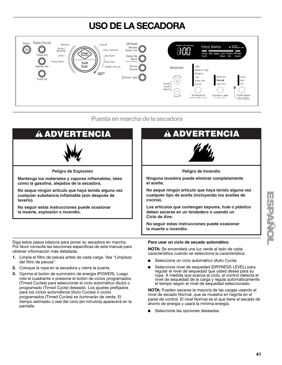 Uso de la secadora, Advertencia, Puesta en marcha de la secadora | Sears 9709 User Manual | Page 41 / 52