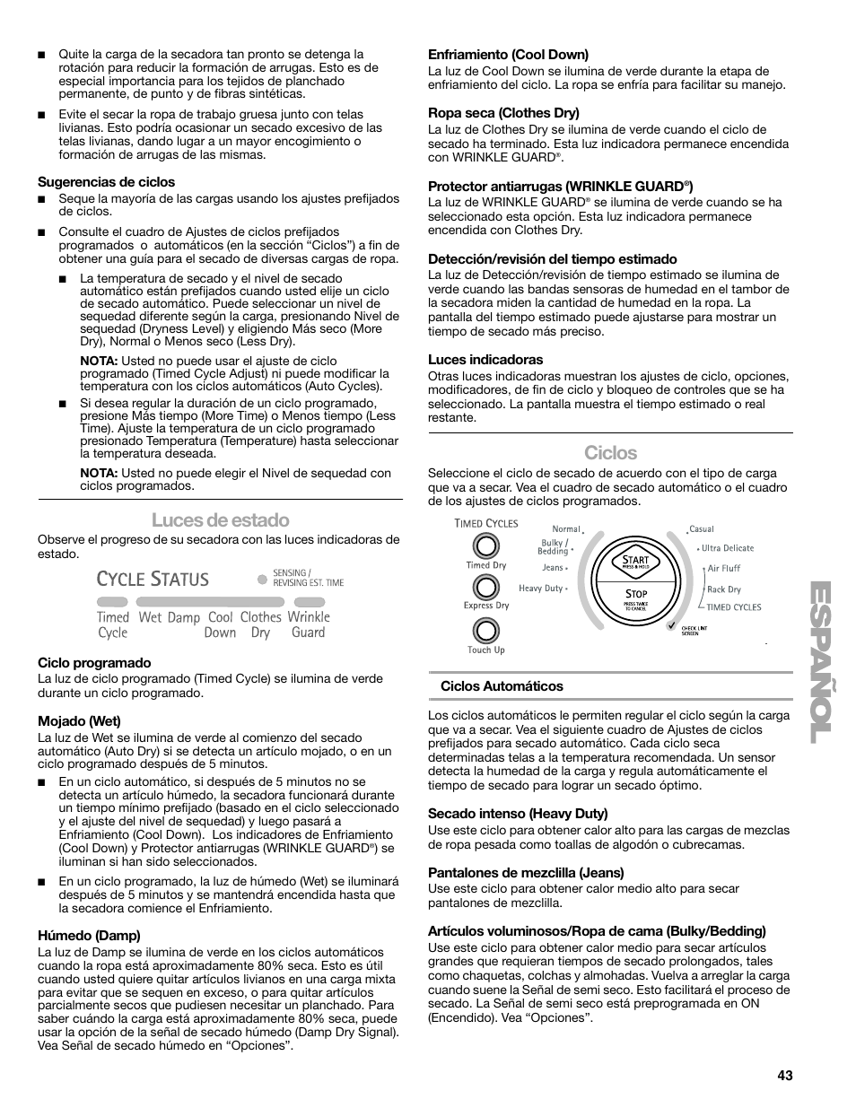 Luces de estado, Ciclos | Sears 9709 User Manual | Page 43 / 52