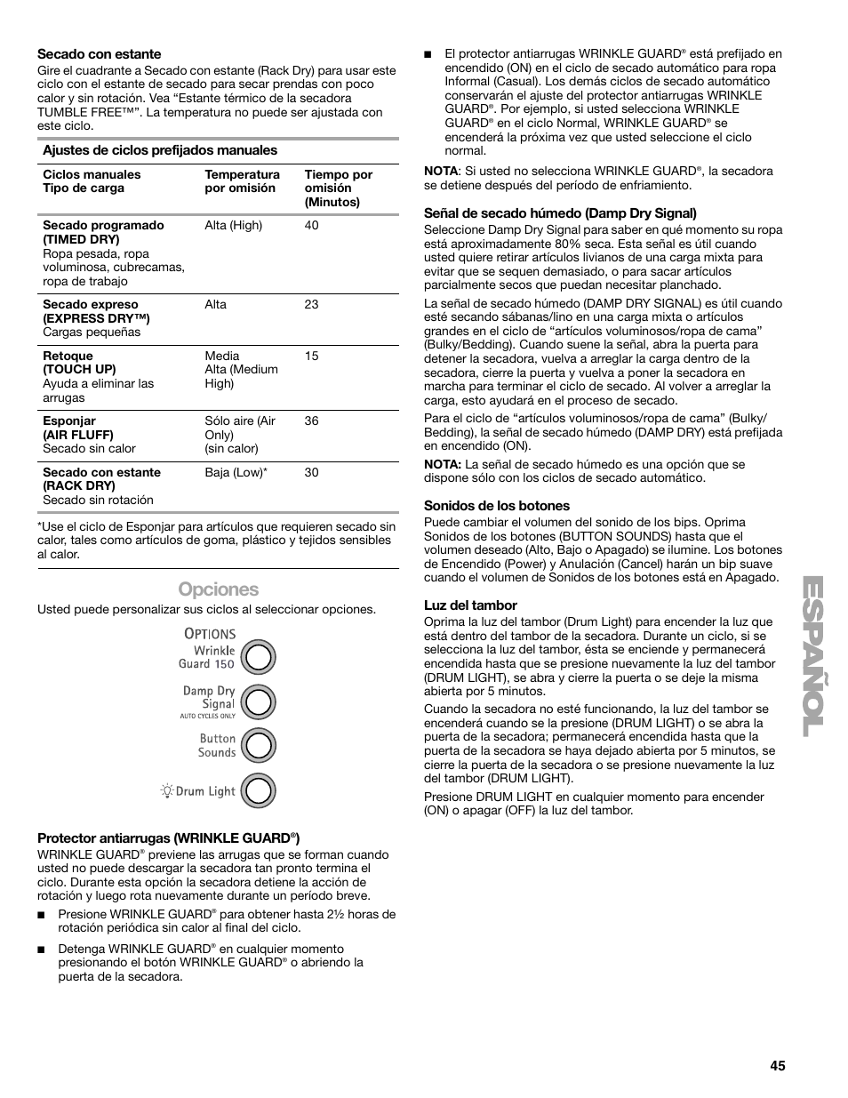 Opciones | Sears 9709 User Manual | Page 45 / 52