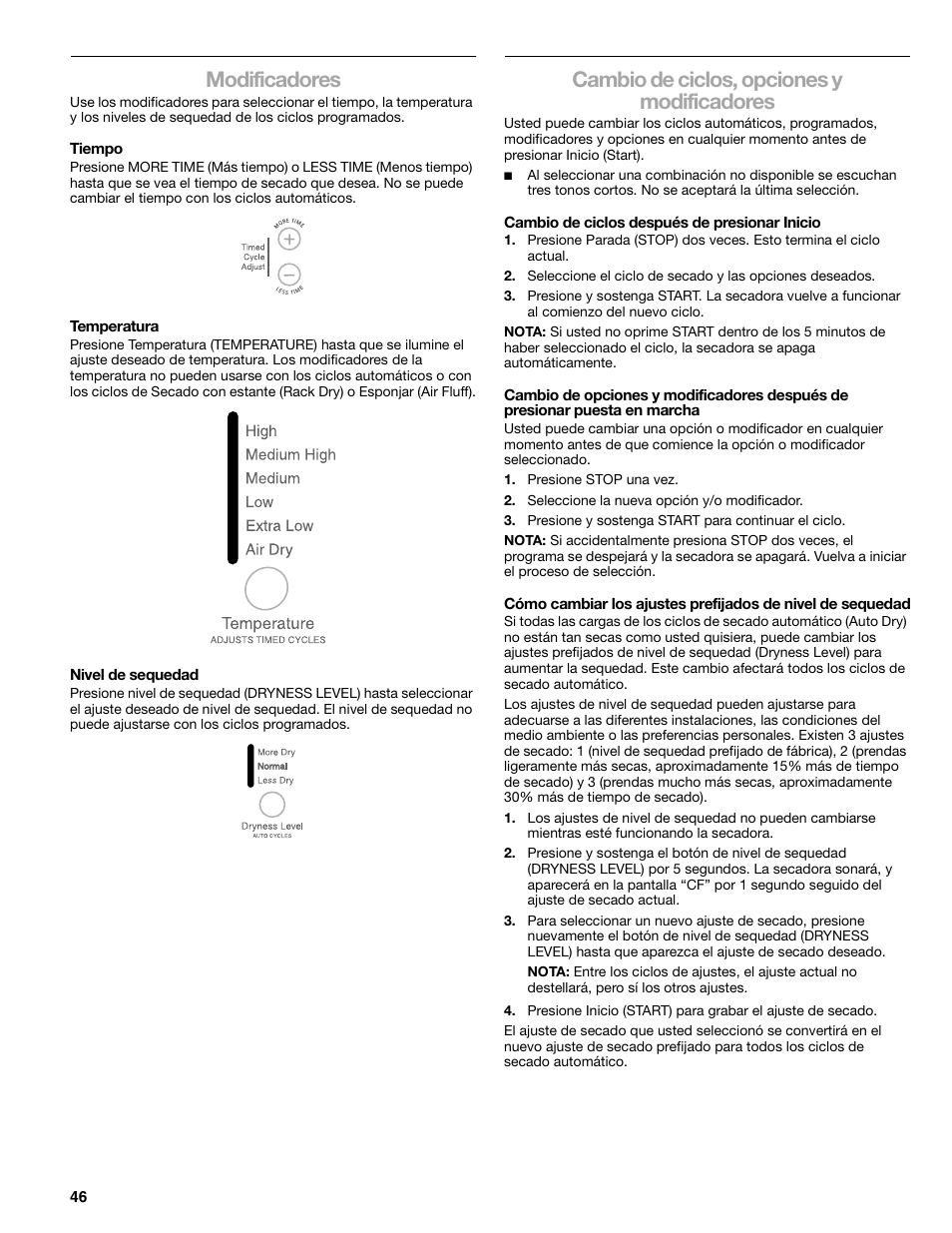 Modificadores, Cambio de ciclos, opciones y modificadores | Sears 9709 User Manual | Page 46 / 52