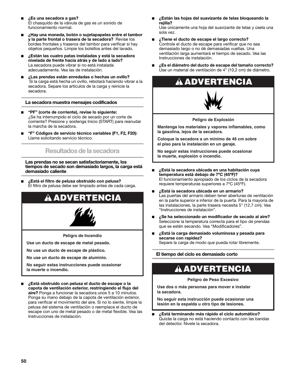 Advertencia, Resultados de la secadora | Sears 9709 User Manual | Page 50 / 52